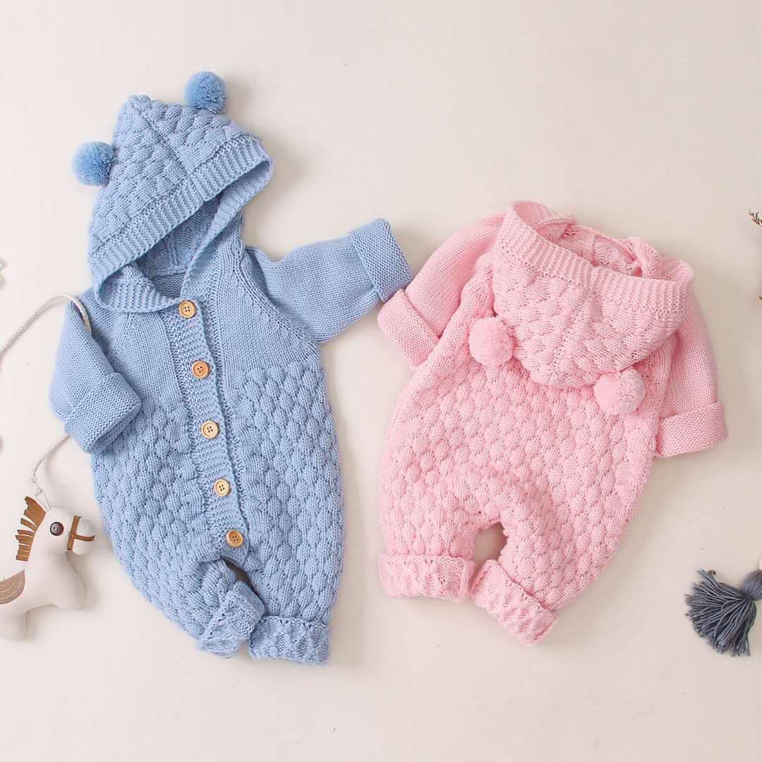 ベビー服  ふわもこ耳付きニットロンパース