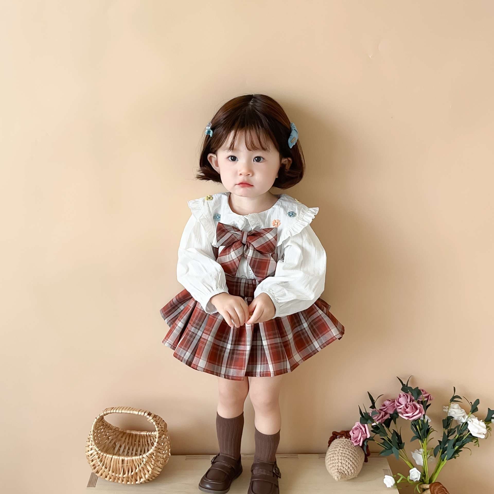 ベビー服  フリル襟チェック柄ワンピース