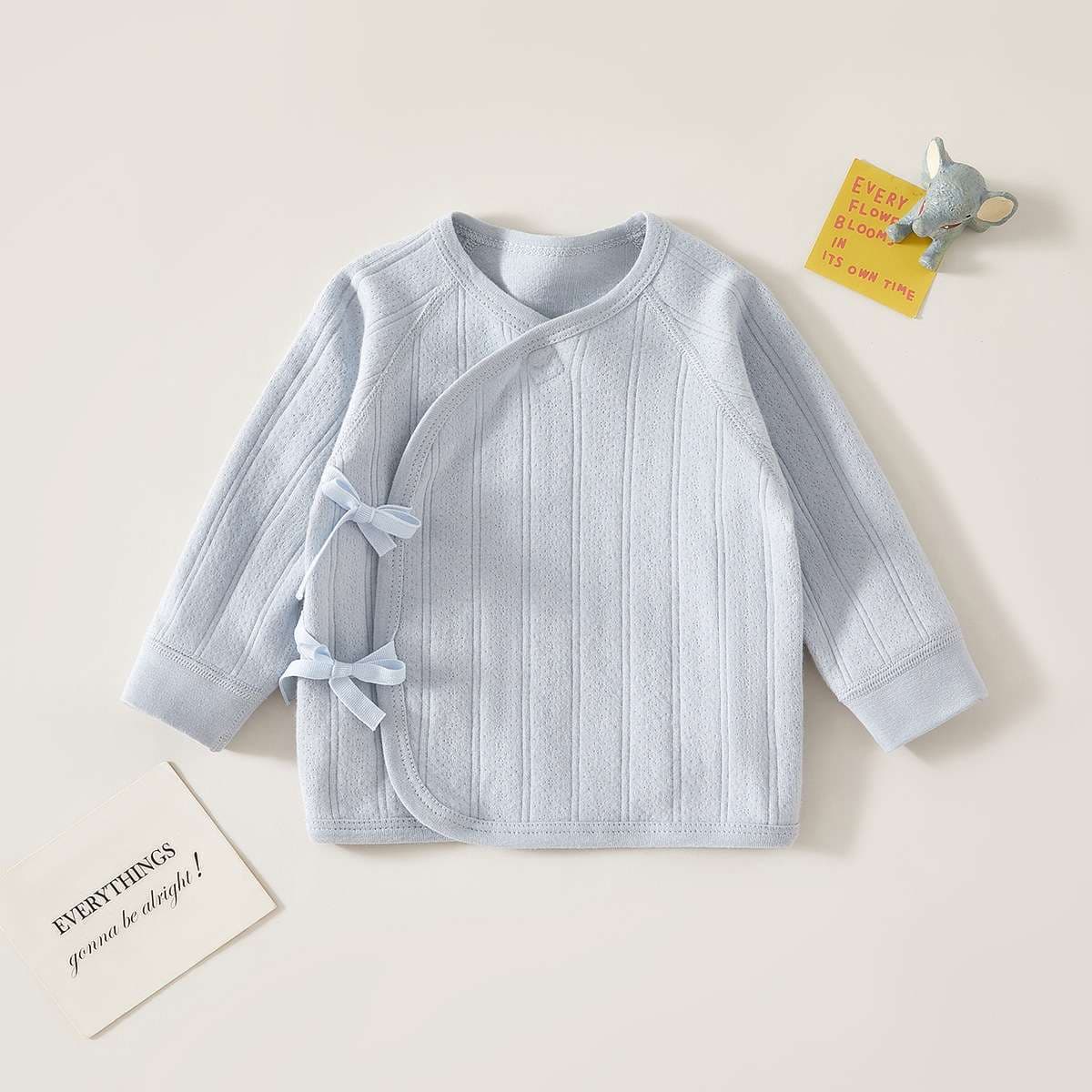 ベビー服  新生児用リボン付き前開きニット肌着
