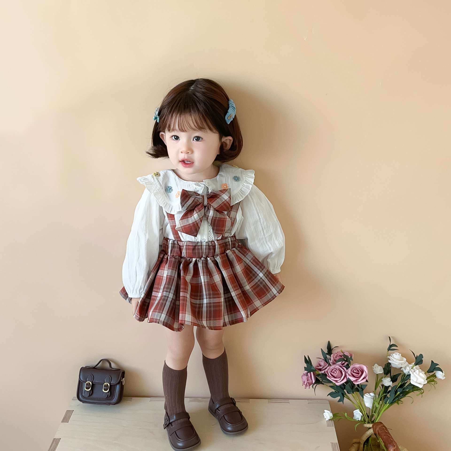 ベビー服  フリル襟チェック柄ワンピース