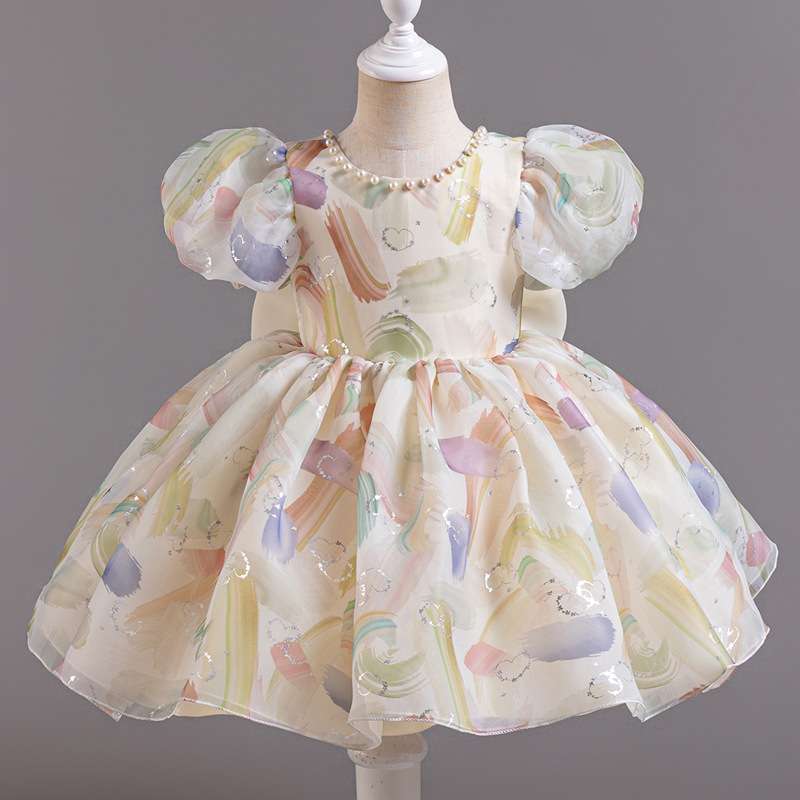 ベビー服  パステル水彩画風パフスリーブベビードレス