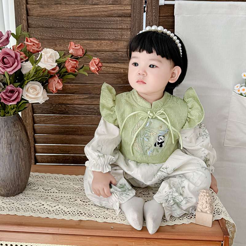 ベビー服  パンダ刺繍入り和風ロンパース