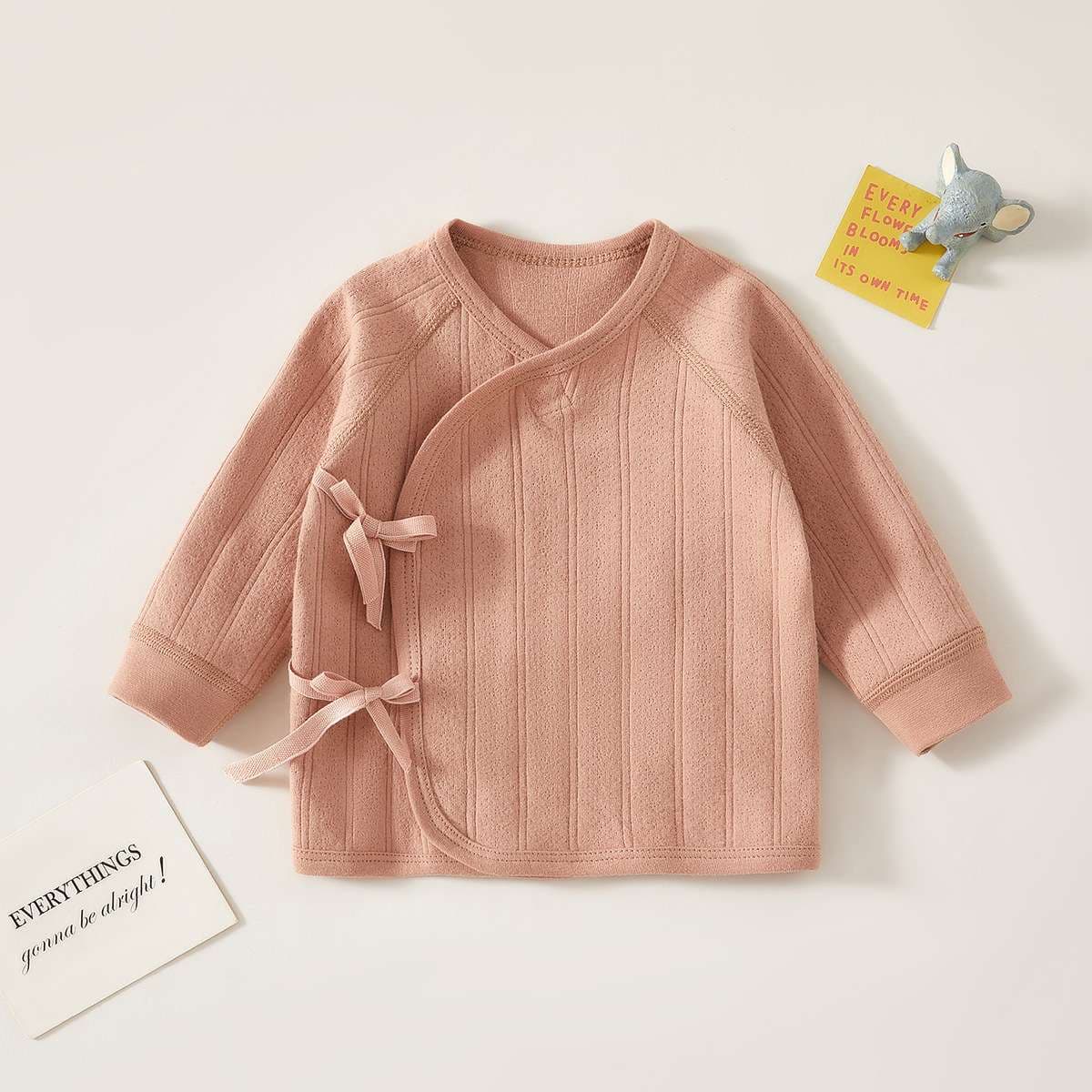 ベビー服  新生児用リボン付き前開きニット肌着