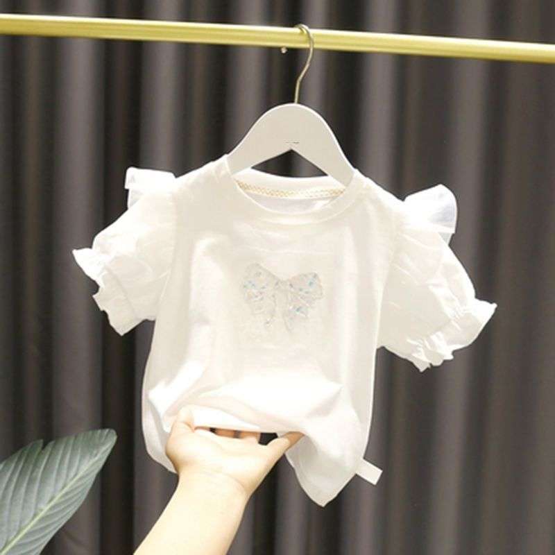 ベビー服  リボン付きパフスリーブ半袖カットソー