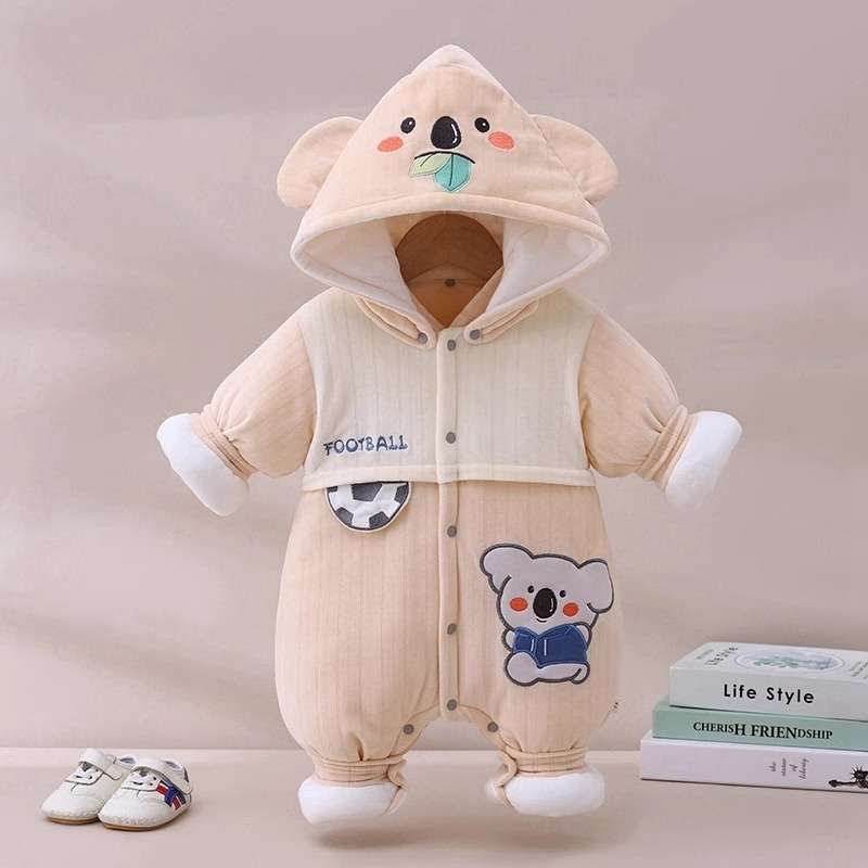ベビー服  動物キャラクター付きあったかベビーロンパース