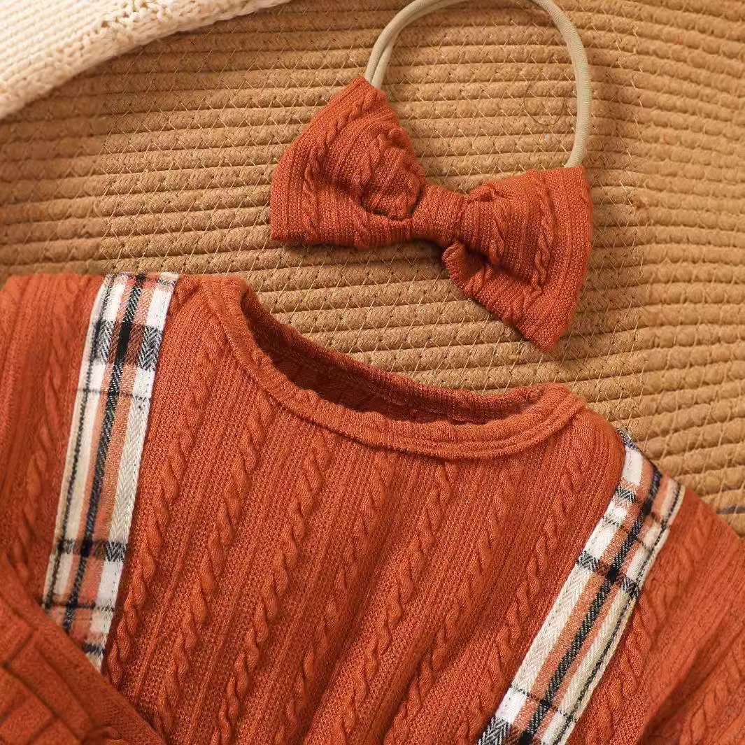 ベビー服  秋冬向けチェック柄リボン付きロンパース