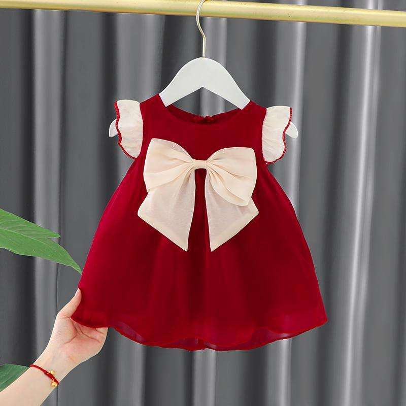 ベビー服  リボン付きフリル袖ベビーワンピース