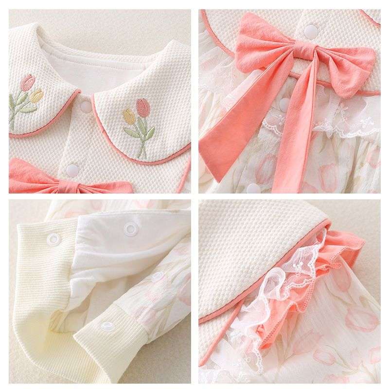 ベビー服  花刺繍付きフリルレースロンパース