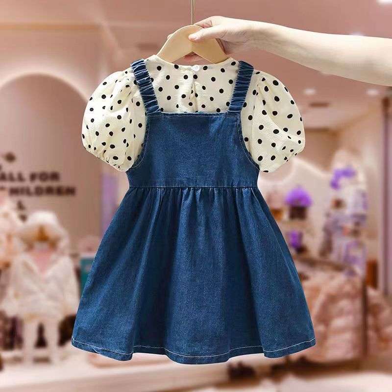 ベビー服  水玉ブラウス付きデニムジャンパースカート