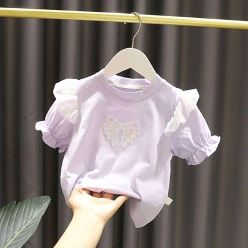 ベビー服  リボン付きパフスリーブ半袖カットソー