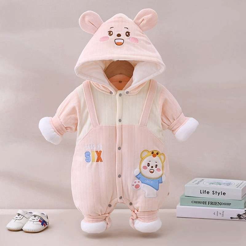 ベビー服  動物キャラクター付きあったかベビーロンパース
