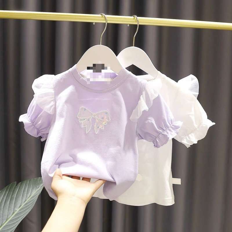 ベビー服  リボン付きパフスリーブ半袖カットソー