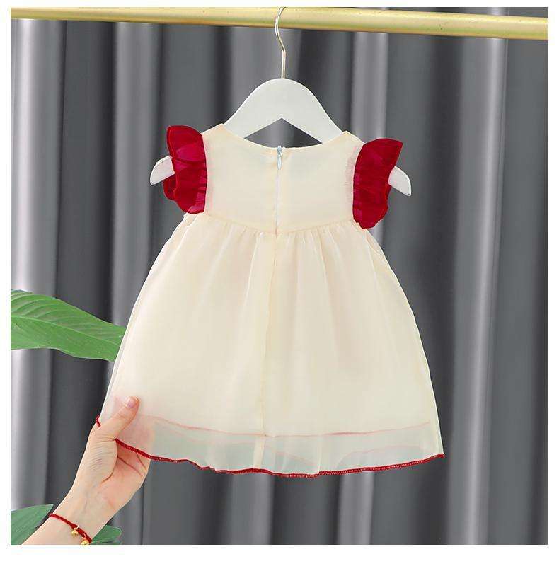 ベビー服  リボン付きフリル袖ベビーワンピース