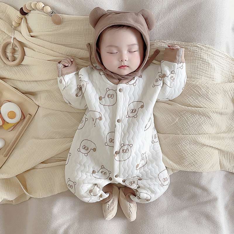ベビー服  もこもこ動物柄ロンパース うさぎ・くま帽子付き