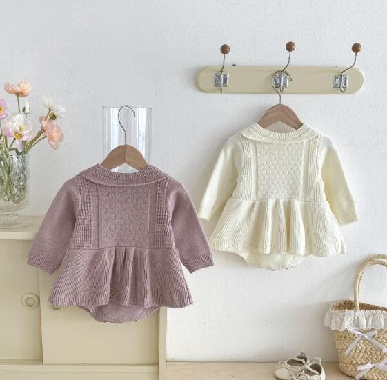 ベビー服 新作ニットロンパース長袖カバーオール襟付き2色展開