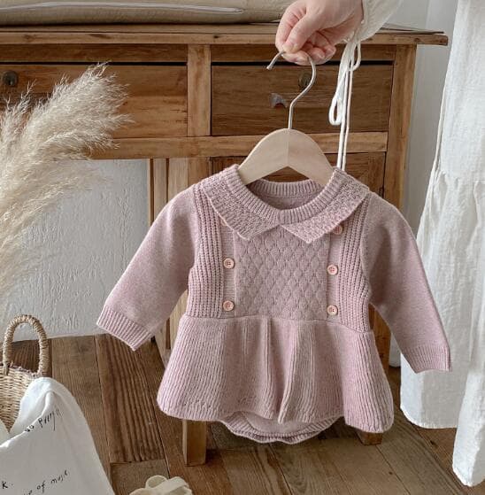 ベビー服 新作ニットロンパース長袖カバーオール襟付き2色展開