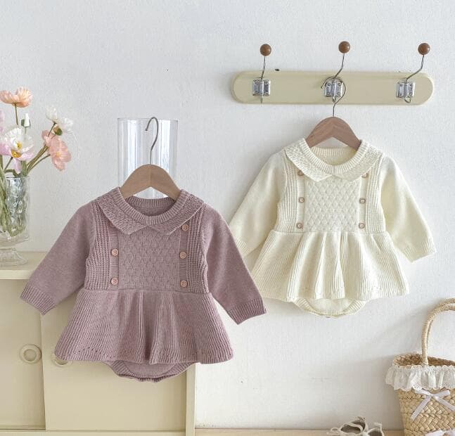 ベビー服 新作ニットロンパース長袖カバーオール襟付き2色展開