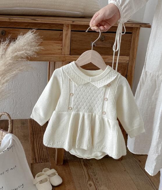 ベビー服 新作ニットロンパース長袖カバーオール襟付き2色展開