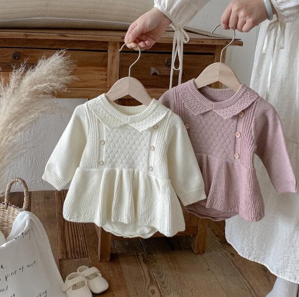 ベビー服 新作ニットロンパース長袖カバーオール襟付き2色展開