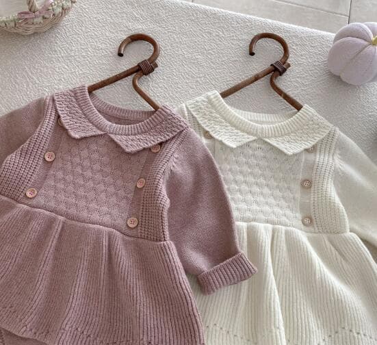 ベビー服 新作ニットロンパース長袖カバーオール襟付き2色展開