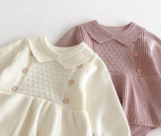 ベビー服 新作ニットロンパース長袖カバーオール襟付き2色展開