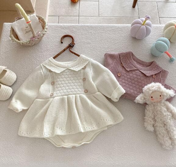 ベビー服 新作ニットロンパース長袖カバーオール襟付き2色展開